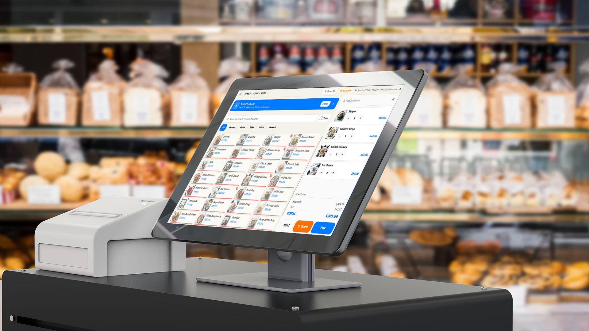 Posterita running on a touchscreen POS terminal in a bakery, with the menu, cart, and a R 1,885.00 total ready to charge.