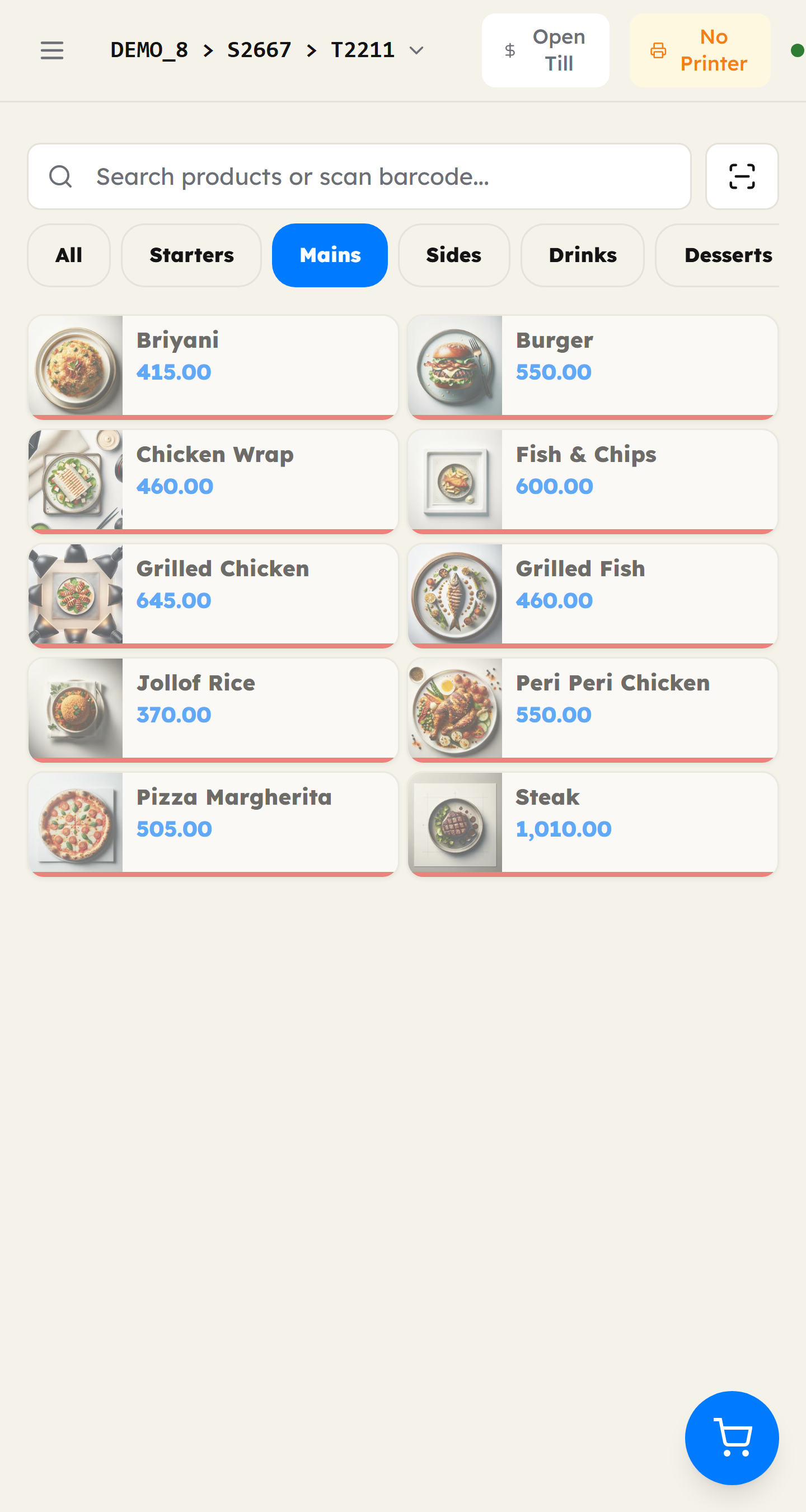 Posterita POS on a phone showing the Mains menu